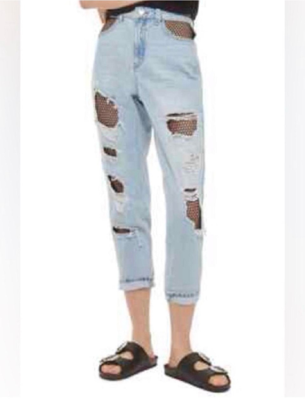 Topshop Light Blue Distressed Cropped Jeans with Fishnet Panels